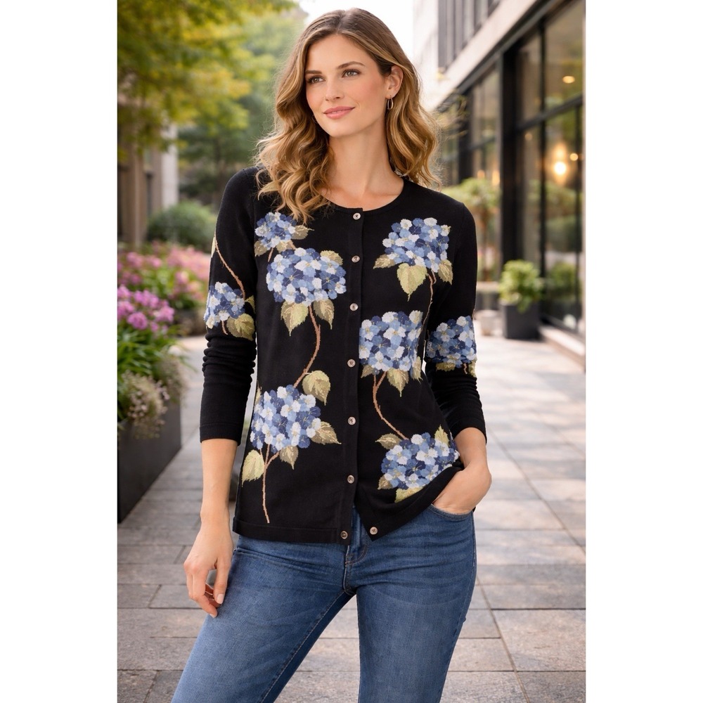 Marisa Christina Women Floral Cardigan M Sweater Black Blue Hydrangea Knit
